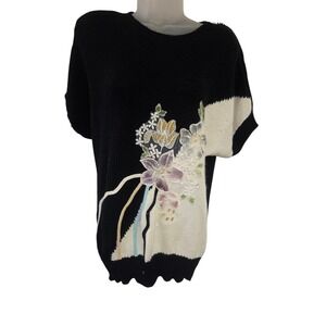 Vintage‎ 90s Rochelle California Floral Embroidered Knit Sweater Black Womens